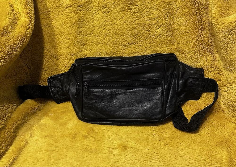Toni Genuine Leather Fanny Pack Waist Bag Multi Pockets Black Retro Adjustable